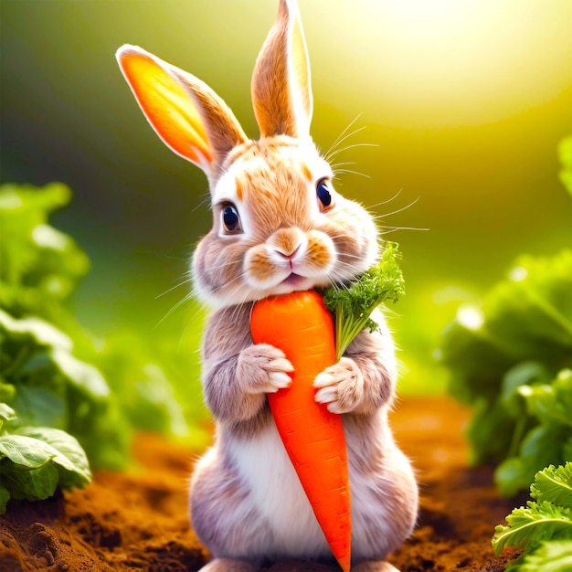 Conejo comiendo un pedazo de lechuga junto a una pila de zanahorias generativa ai