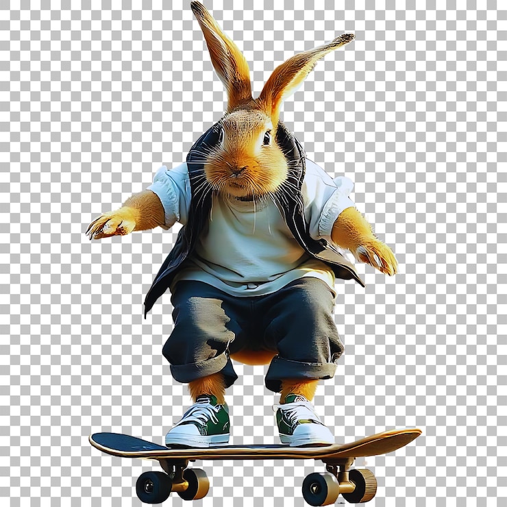PSD un conejo con un conejo en la espalda está en una patineta