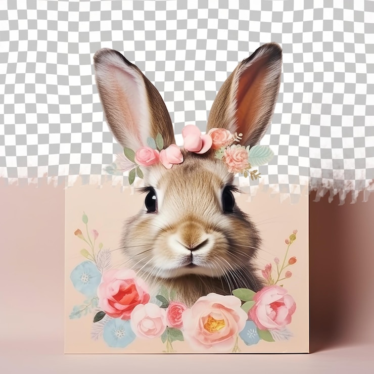 PSD conejo con corona de flor magenta en fondo transparente