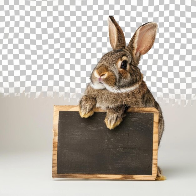 un conejo está sentado en una tabla de madera con una pizarra con un fondo blanco