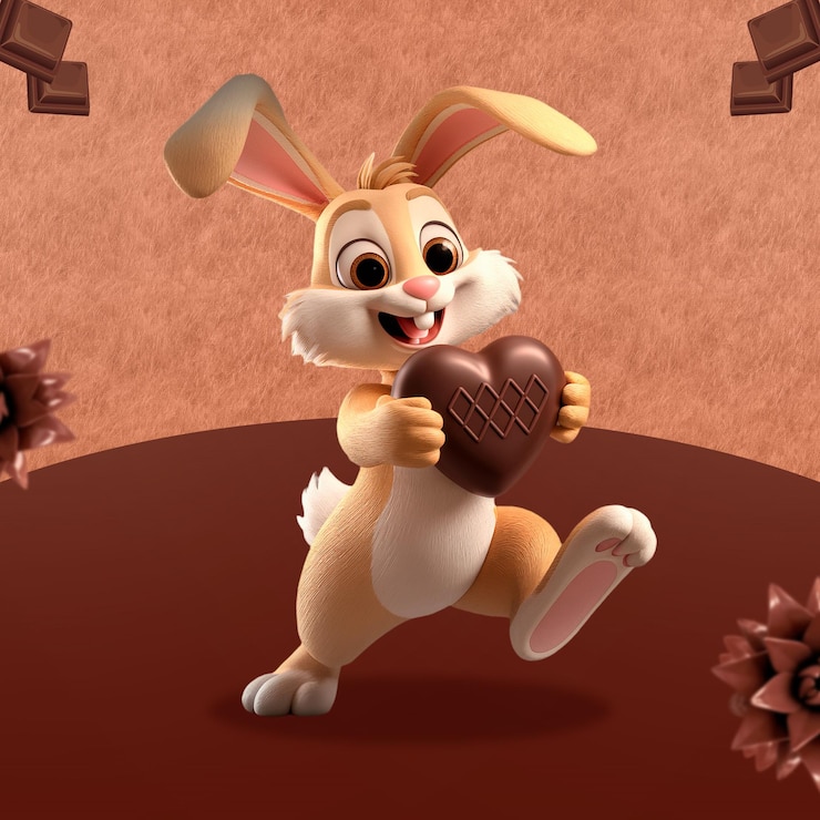 PSD un conejo feliz de dibujos animados con un corazón de chocolate
