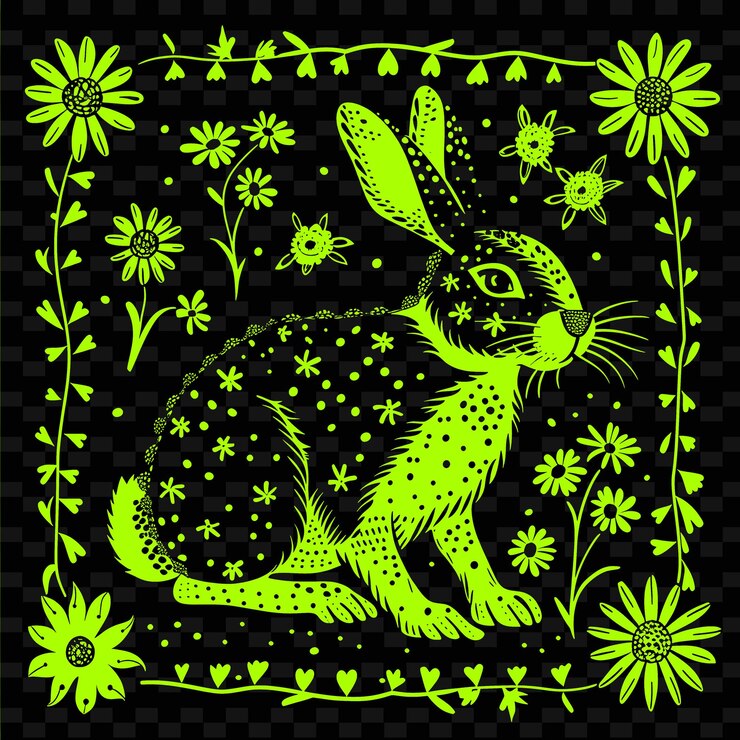 PSD un conejo con un fondo verde con flores y un fondo negro