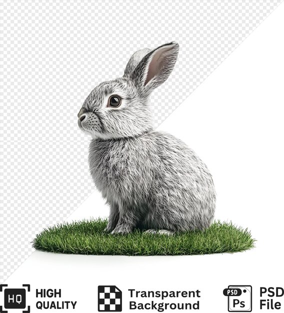 Conejo gris sentado en la hierba verde aislado en un fondo transparente