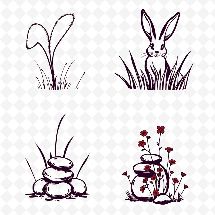 PSD un conejo en la hierba con flores y un conejo