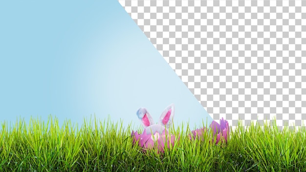 Conejo con huevos en la hierba paisaje de pascua orejas de conejo escondidas en un huevo plantilla de diseño 3d render