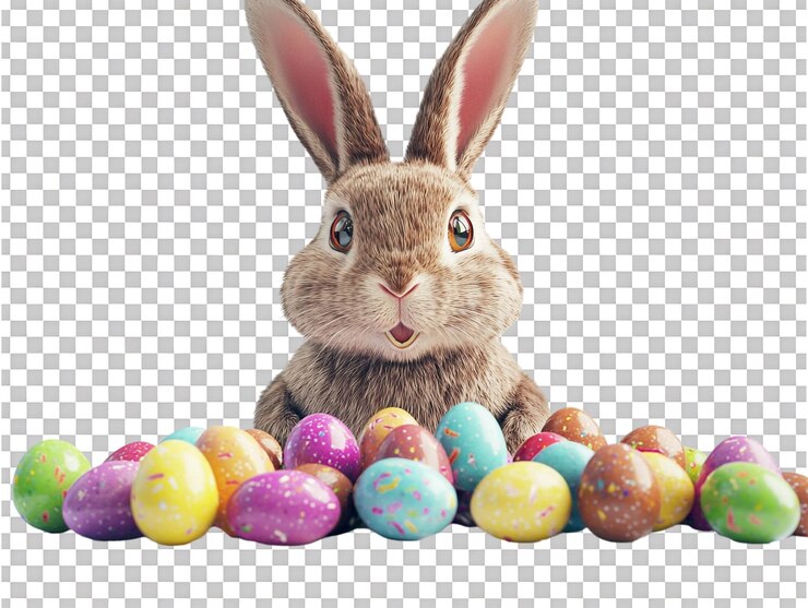 PSD un conejo con huevos de pascua de chocolate en un fondo transparente