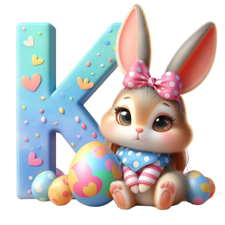 PSD un conejo con un lazo rosado y un conejito con la letra k en él conejito de pascua alfabeto k