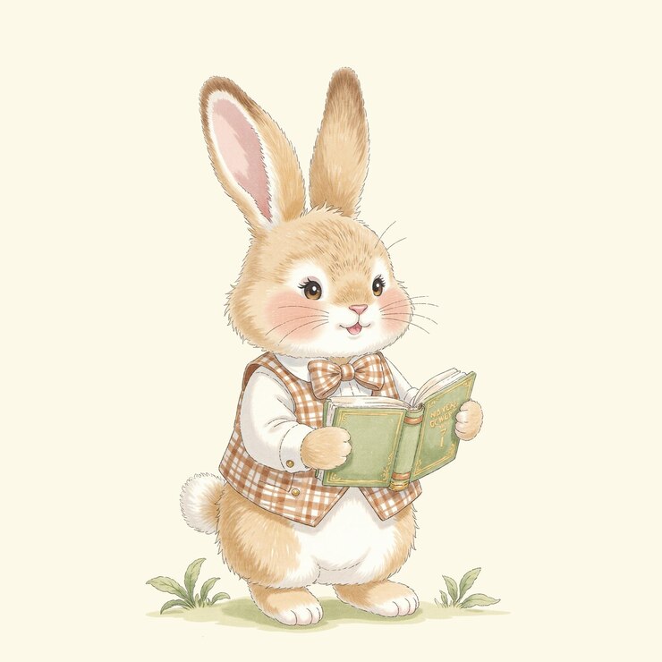 PSD un conejo lindo leyendo un libro en un estilo de acuarela vintage