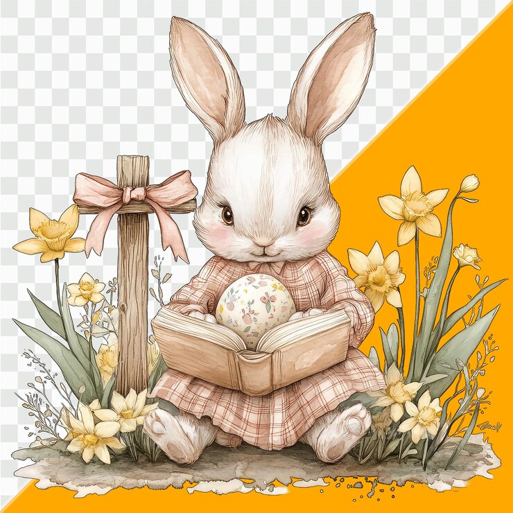 PSD conejo lindo leyendo un libro con huevos de pascua y flores acuarela ilustración de dibujos animados