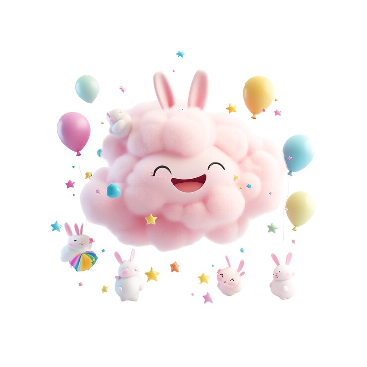 PSD conejo nube feliz con globos y estrellas ilustración de dibujos animados