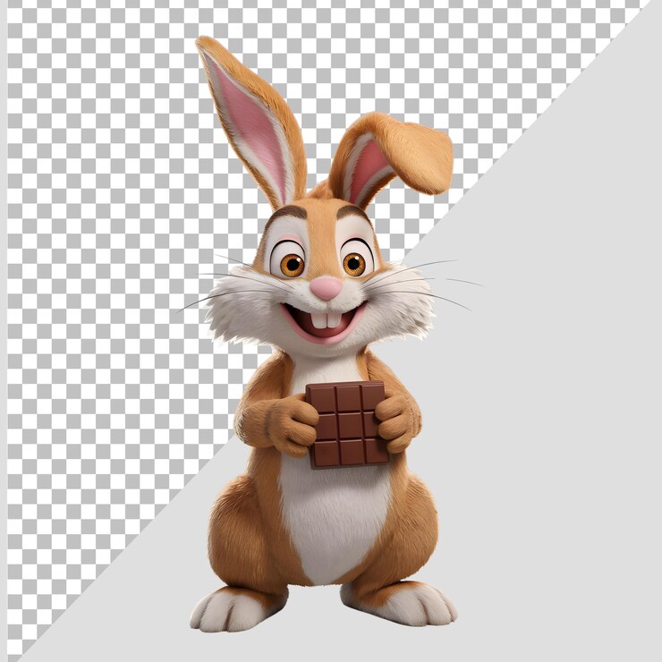 PSD conejo de pascua 3d con un chocolate en la mano