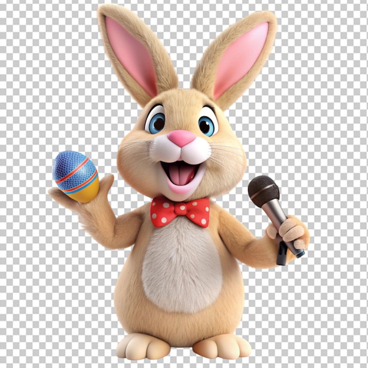PSD el conejo de pascua cantando karaoke con un micrófono en un fondo transparente