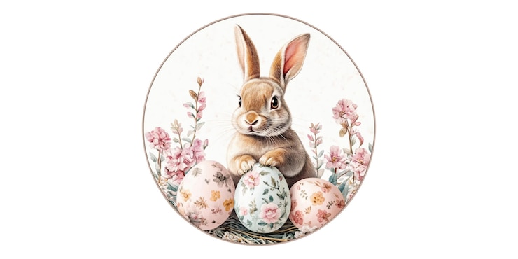 PSD conejo de pascua con huevos decorados aislados sobre un fondo transparente