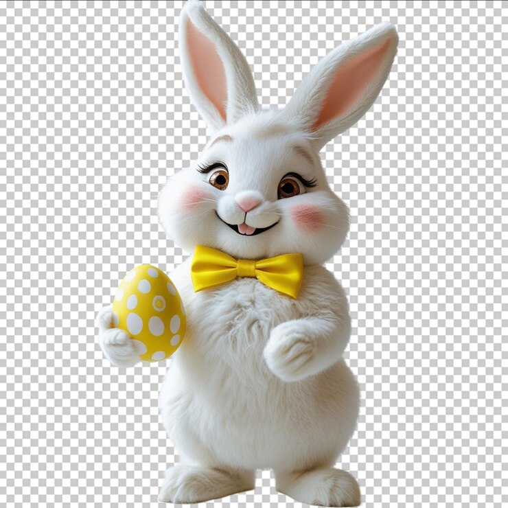 PSD conejo de pascua realista con ropa moderna sosteniendo artículos festivos de pascua