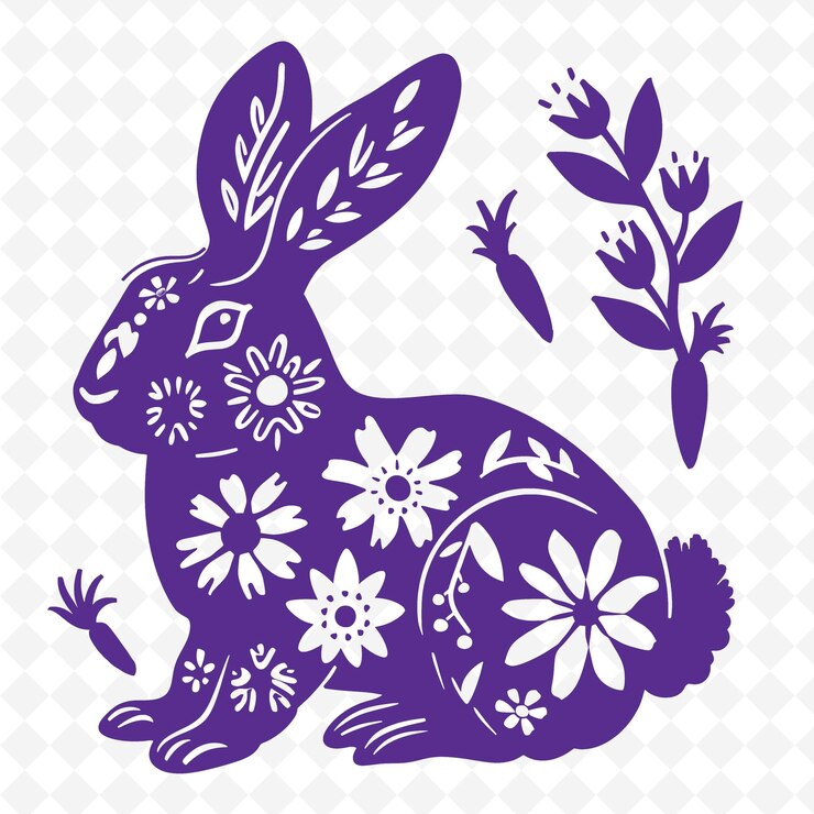 PSD un conejo púrpura con flores y un conejito púrpura en él