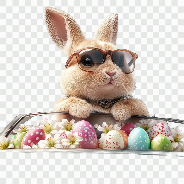 PSD conejo realista con gafas de sol en el techo de un ferrari lleno de huevos de pascua y lirios