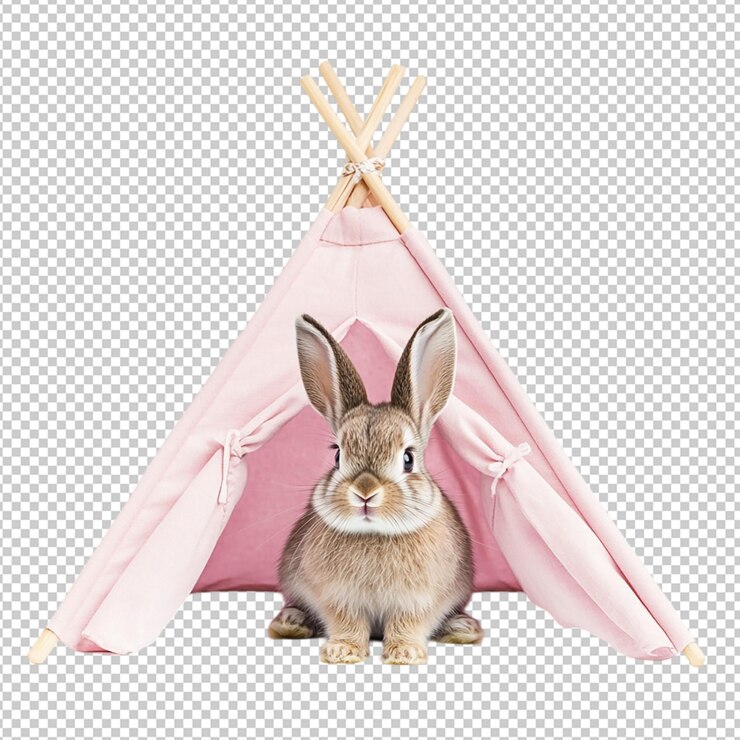 PSD conejo sentado frente a una tienda rosada acuarela de vivero