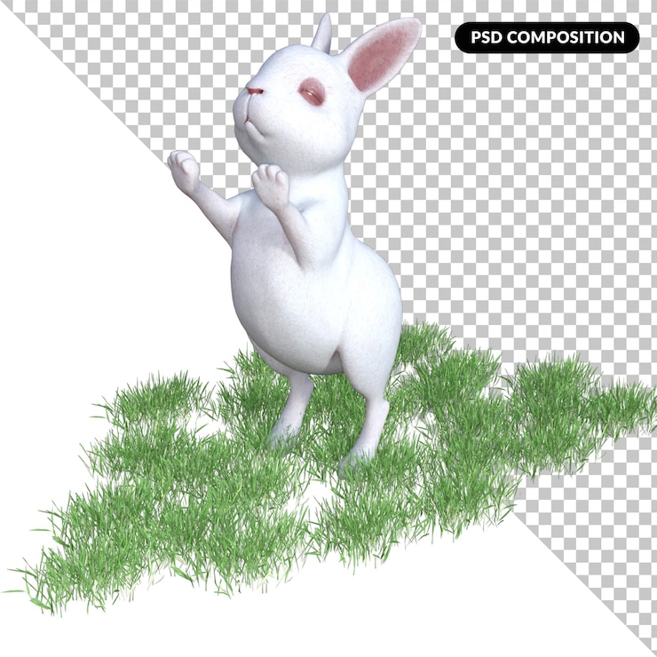 PSD conejo sobre hierba aislado 3d