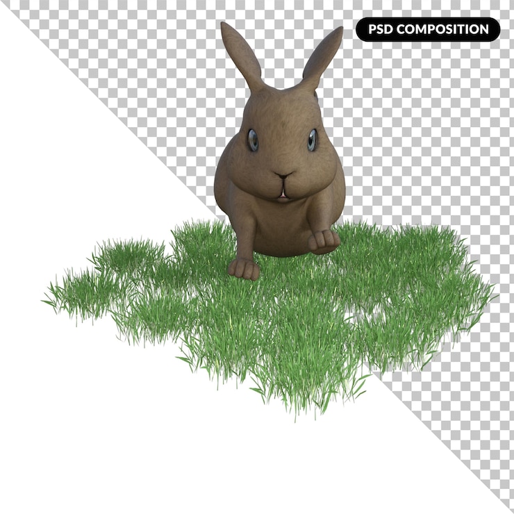 PSD conejo sobre hierba aislado 3d