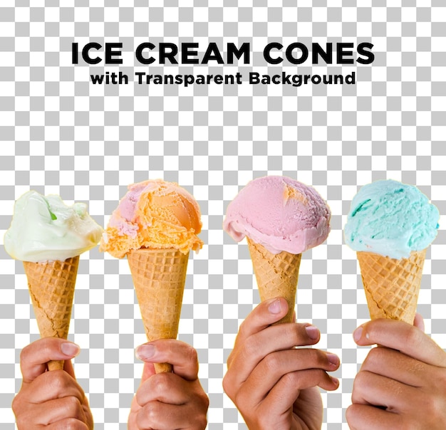 PSD des cônes de crème glacée dans les mains photo psd avec fond transparent