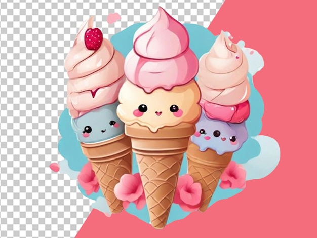 PSD des cônes de crème glacée kawaii mignons concept de la saint-valentin