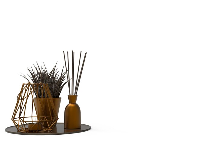 PSD cônes et décors de maison de plantes sur fond blanc ensemble de décor de maison de couleur métal format psd 3d