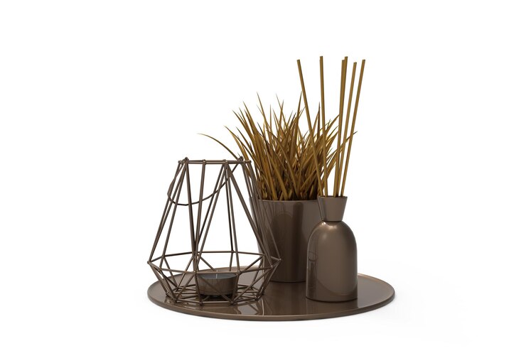 PSD cônes et décors de maison de plantes sur fond blanc ensemble de décor de maison de couleur métal format psd 3d