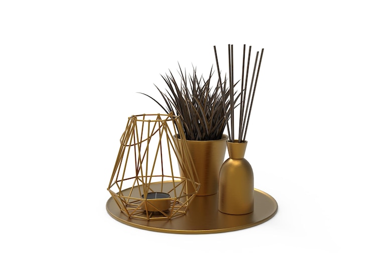 PSD cones e decorações de plantas em fundo branco conjunto de decoração de casa de cor de metal formato psd 3d