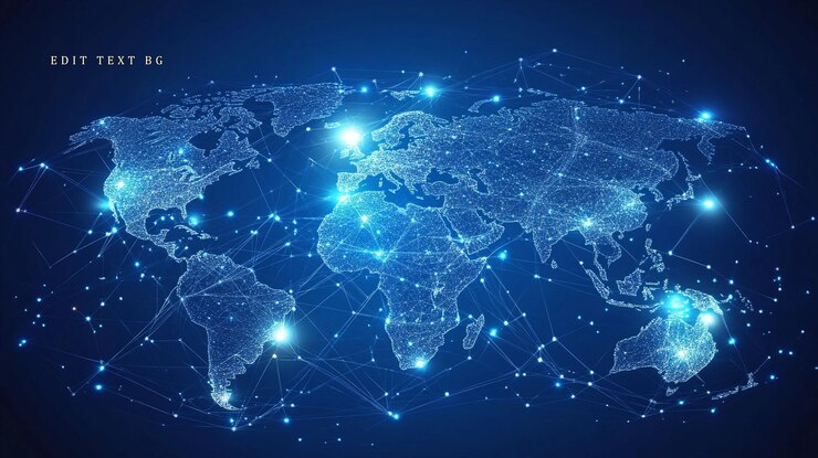 PSD conexión de red global mapa mundial digital con nodos y líneas brillantes 1