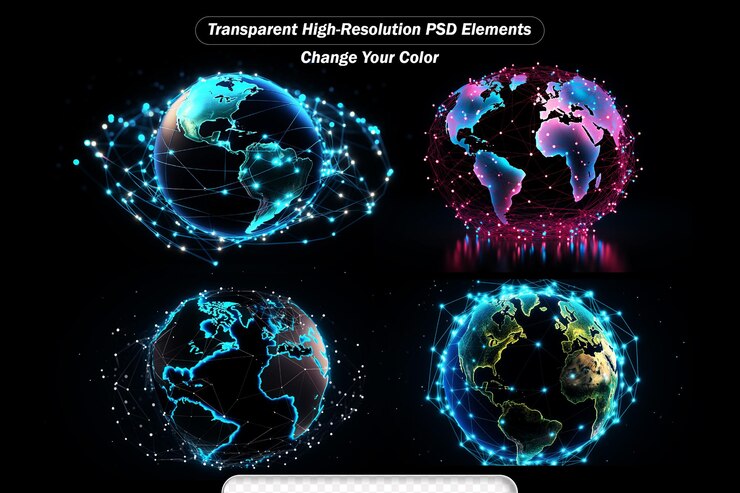 PSD conexiones órbitas de comunicación global en la vista del mapa del mundo en el fondo del espacio oscuro