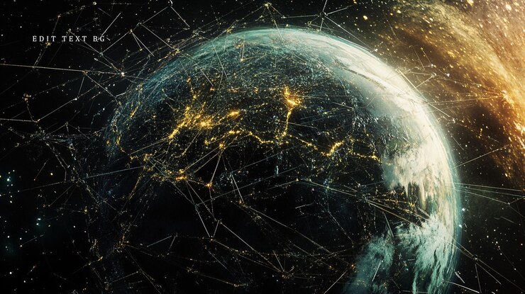 PSD conexiones de redes globales ilustradas en la tierra por la noche desde el espacio