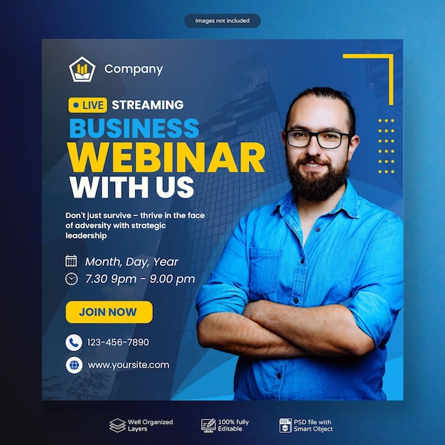 Conferencia de negocios de PSD Webinar en vivo y plantilla de publicaciones en redes sociales corporativas