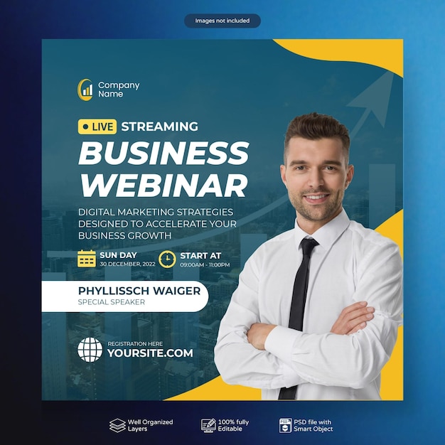 Conferencia de negocios de PSD Webinar en vivo y plantilla de publicaciones en redes sociales corporativas