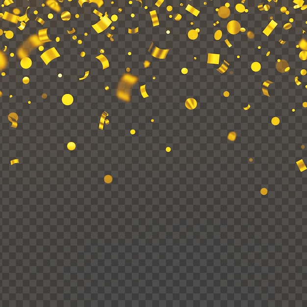 Los confeti dorados festivos caen sobre un fondo transparente para las celebraciones