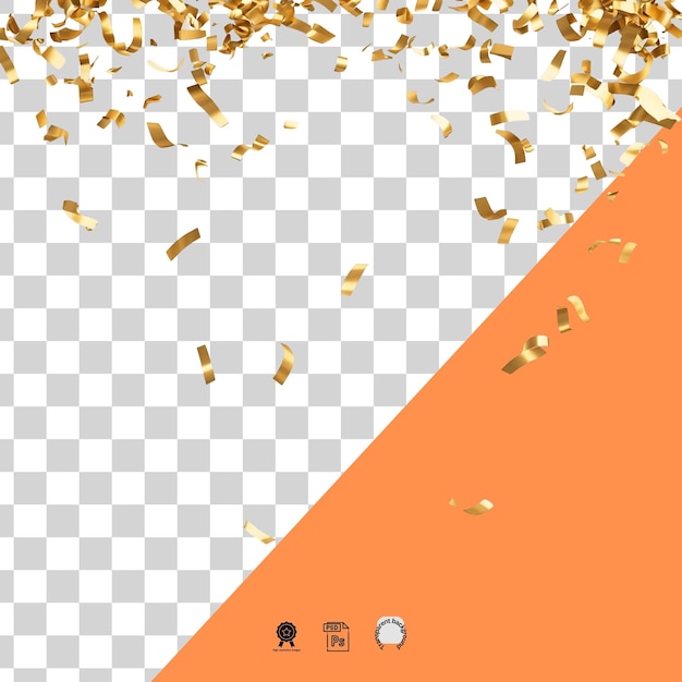 Confeti dourado escasso espalhado sobre um fundo branco transparente