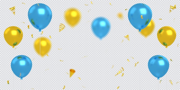 PSD confeti de globos azul dorado 3d flotando aislado para maqueta de fondo de feliz cumpleaños