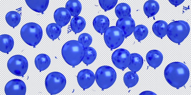 PSD confeti de globos azules 3d flotando aislado para maqueta de fondo de feliz cumpleaños