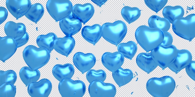 PSD confeti de globos azules en forma de corazón 3d flotando aislado para maqueta de fondo de feliz cumpleaños