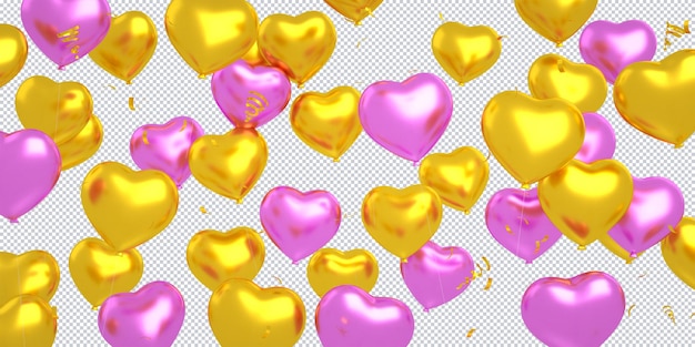 PSD confeti de globos rosa dorado corazón 3d flotando que aislado para maqueta de fondo de feliz cumpleaños