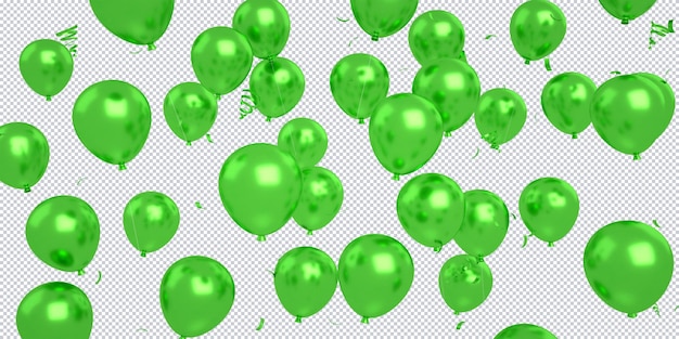 Confeti de globos verdes 3d flotando aislado para maqueta de fondo de feliz cumpleaños