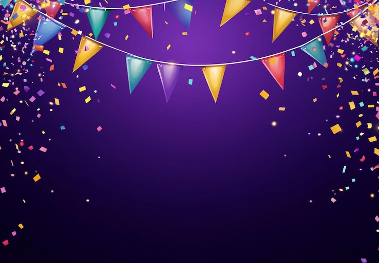 PSD confetti e bandiere colorate su uno sfondo viola per celebrazioni o feste