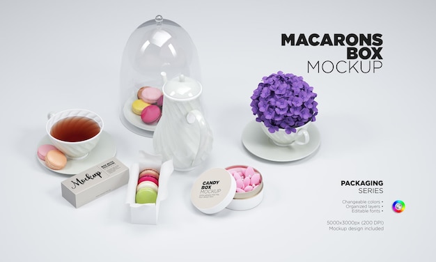 Confezione di caramelle mockup e macaron con tè