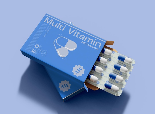 Confezione di farmaci con mockup di pillole