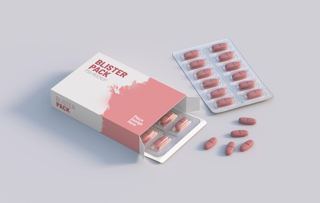 Confezione in cartone con due blister con pillole vitaminiche Modello mockup rendering 3d