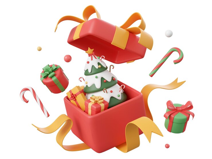 Confezione regalo aperta con albero di Natale e decorazioni Elementi a tema natalizio illustrazione 3d