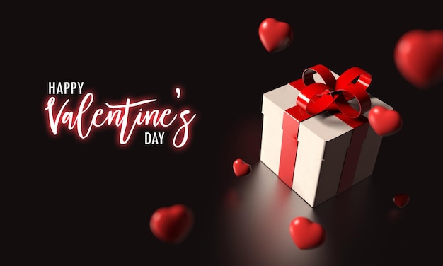 Confezione regalo con nastro rosso e molti cuori piovosi che cadono dal cielo rendering 3d