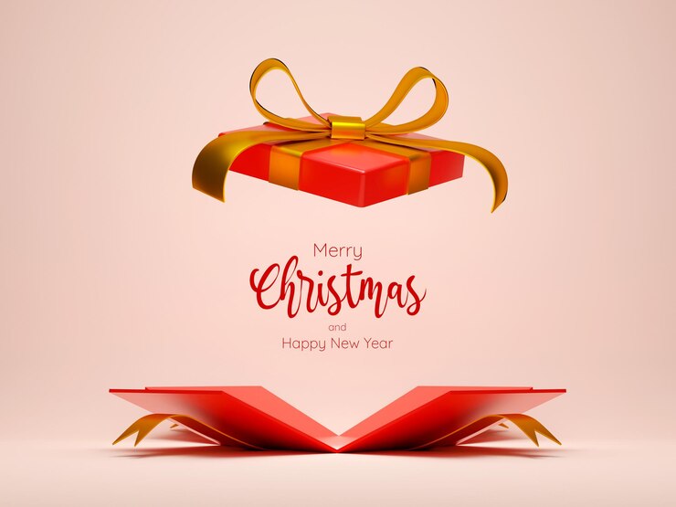 Confezione regalo di Natale aperta per la pubblicità del prodotto, illustrazione 3d