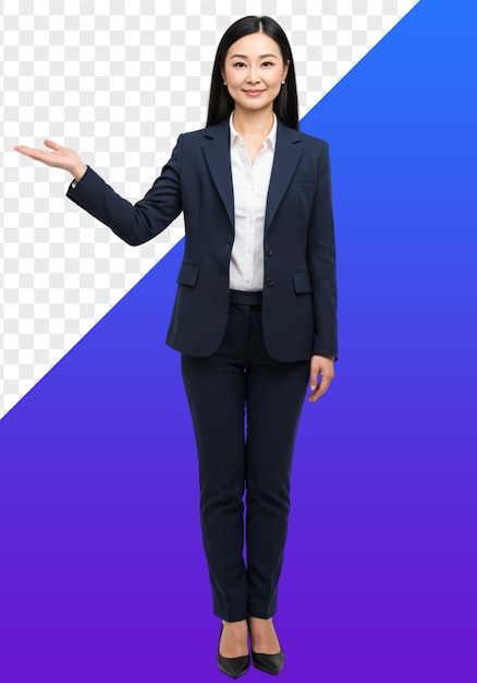 Una confiada mujer de negocios asiática en traje haciendo un gesto de presentación