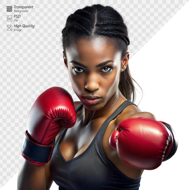 PSD confident female boxer ready to fight on a transparent background