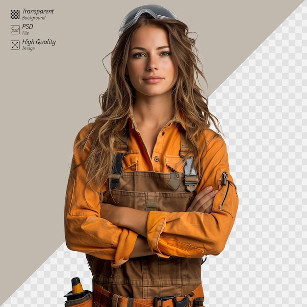 PSD confident female construction worker on transparent background